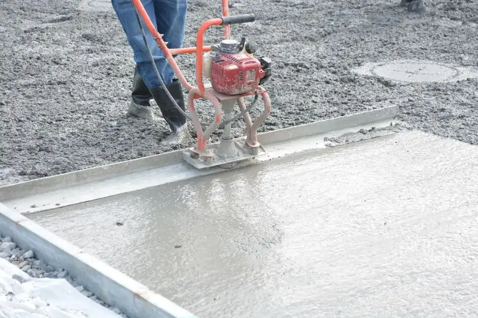 A construction worker operates a power trowel to smooth freshly poured concrete on a construction site.